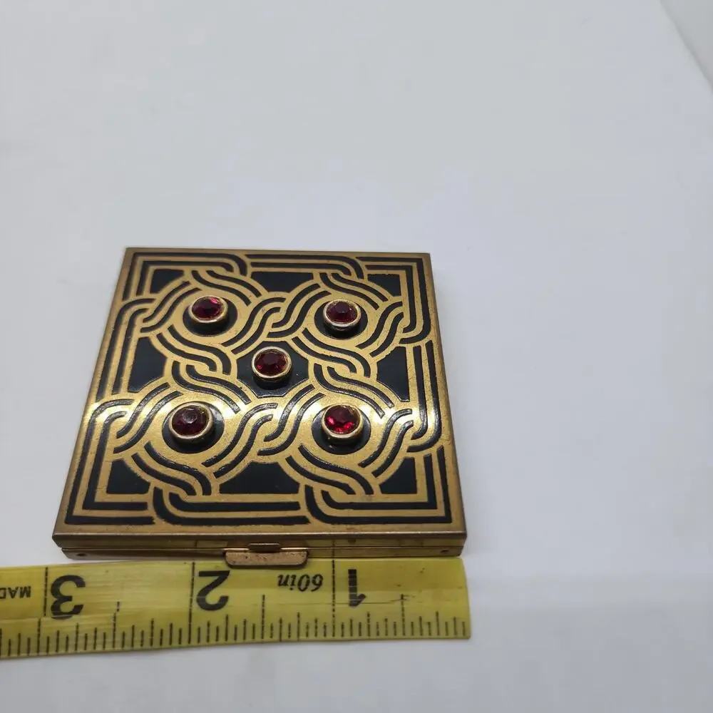 Vintage Volupte Compact Black Enamel Ruby Rhinestone Art Deco Powder Mirror